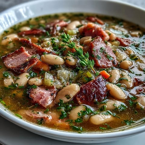 Slow-cooked Ham and Great Northern Bean Soup, perfect for chilly days, featuring smoky ham and creamy beans.  