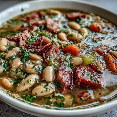 Hearty Ham and Great Northern Bean Soup with tender beans, savory ham, and aromatic vegetables in a rich broth.  