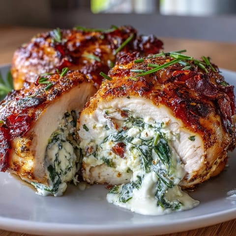 Spinach and feta stuffed chicken breasts baked to golden perfection with juicy chicken and creamy filling.  