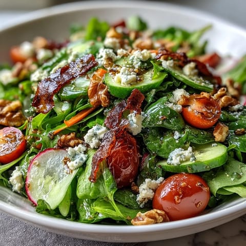 Fresh spring greens salad with honey mustard dressing, topped with cucumber, cherry tomatoes, and toasted walnuts.  