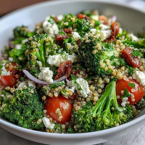 Colorful broccoli and pea quinoa bowl topped with creamy feta, perfect for a fresh and healthy vegetarian lunch.