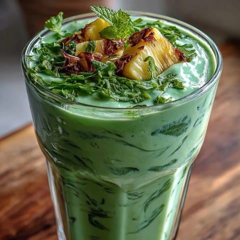 A vibrant green shamrock smoothie packed with fresh pineapple and spinach, perfect for a healthy St. Patrick's Day breakfast or snack.