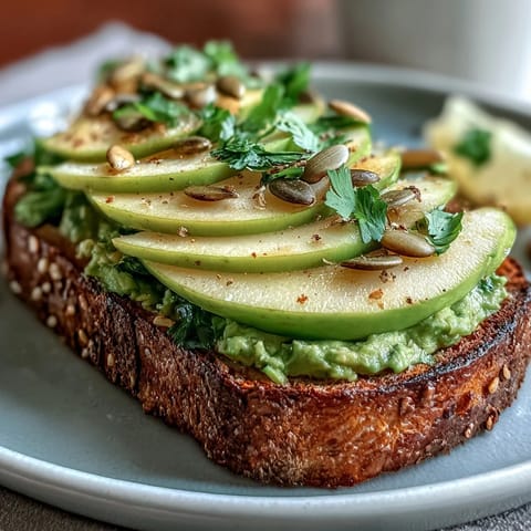 Creamy avocado, crisp green apple, and toasted pumpkin seeds top hearty whole grain bread.  