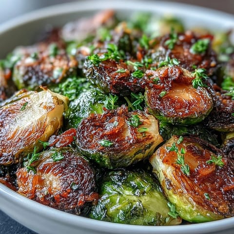 Crispy roasted Brussels sprouts with lemon zest, fresh herbs, and toasted almonds for a bright vegetarian side dish.  