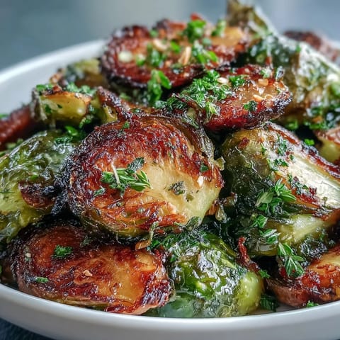 Golden Herb-Lemon Brussels sprouts with crunchy almonds, served warm for a flavorful and healthy meal addition.  