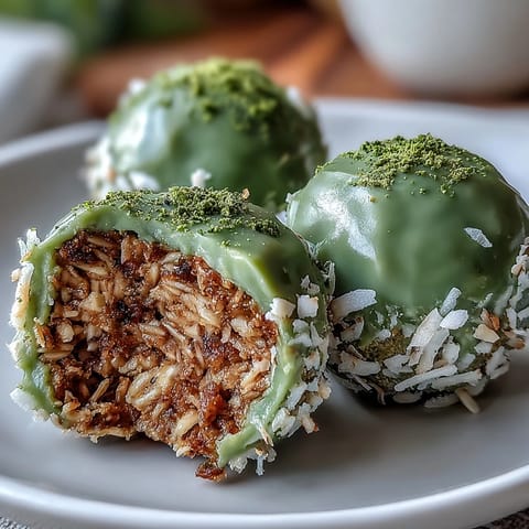 Vibrant matcha coconut energy balls with oats, rolled in shredded coconut for a tropical, energizing snack.  
