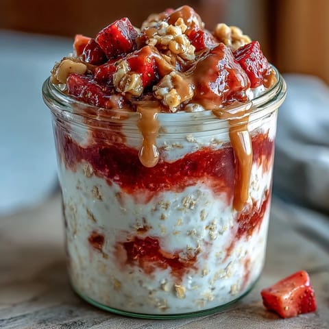 Creamy strawberry PB&J overnight oats topped with crunchy peanuts and fresh diced strawberries for a protein-packed breakfast.