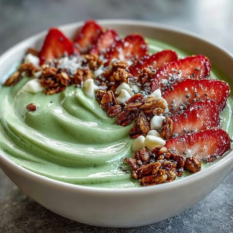 A vibrant strawberry matcha frappuccino-style smoothie bowl with fresh strawberries, granola, and coconut flakes.