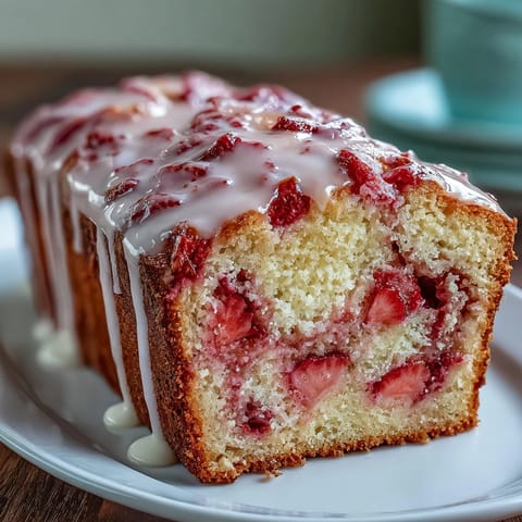 Moist strawberry swirl pound cake loaf with vanilla glaze, perfect for spring gatherings or afternoon tea.  