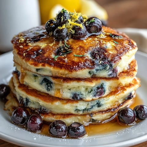 Fluffy sourdough pancakes bursting with fresh blueberries and bright lemon zest, perfect for a sunny morning breakfast.