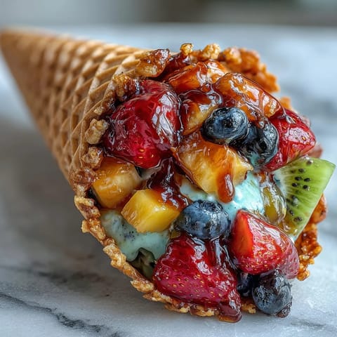 Fresh summer fruit cones filled with berries and tropical fruit, served with creamy yogurt dip for a refreshing party treat.