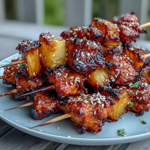 Golden-brown chicken and juicy pineapple chunks air-fried to caramelized perfection, garnished with sesame seeds and green onions.  