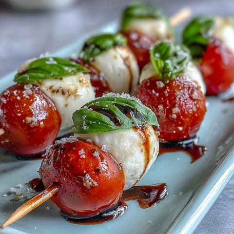 Bridal Shower Caprese Skewers: Fresh mozzarella, cherry tomatoes, and basil on elegant skewers drizzled with balsamic glaze.