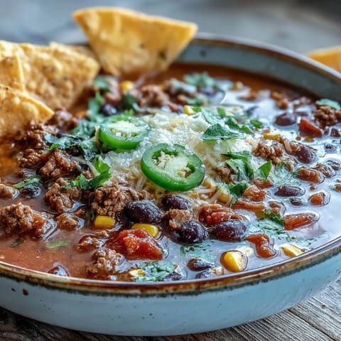 Hearty taco soup in a bowl with ground beef, black beans, and colorful bell peppers, topped with shredded cheese and fresh cilantro.  