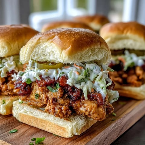 Crockpot Mississippi Chicken Sliders with Coleslaw: Tender shredded chicken slow-cooked in zesty ranch and au jus, piled high on soft buns with tangy coleslaw for a hearty party bite.
