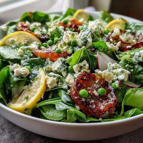 Bright Lemon Vinaigrette Spring Salad with Radishes and Peas, a colorful mix of crisp greens, sweet peas, and zesty lemon dressing.