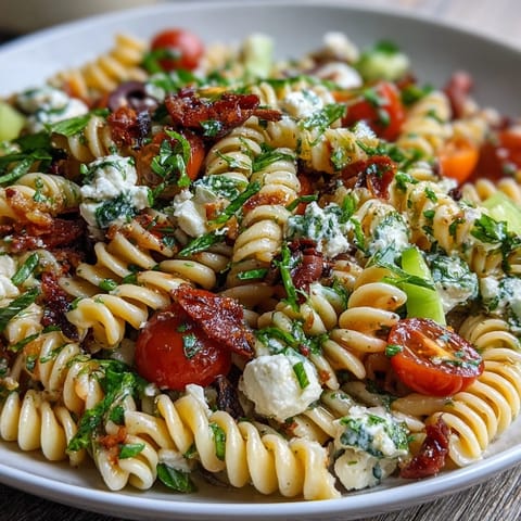A colorful picnic pasta salad with Italian dressing, packed with crisp vegetables and mozzarella pearls for a refreshing summer side.