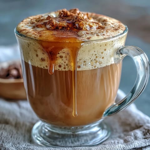 Creamy dandelion tea latte with oat milk and honey, a soothing caffeine-free drink with frothy top and golden hue.