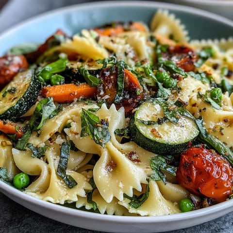 Colorful spring pasta primavera with fresh asparagus, zucchini, cherry tomatoes, and peas tossed in a light herby sauce.