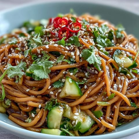 Cold sesame noodle bowl with cucumber, vibrant julienned veggies, and creamy sesame sauce, perfect for a light summer meal.  