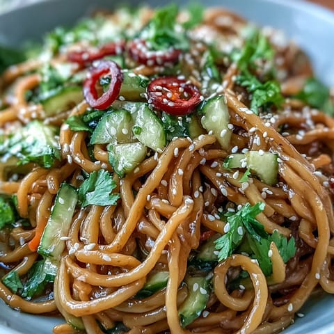 Refreshing cold sesame noodle bowl topped with crisp cucumber, carrots, and fresh herbs, drizzled in savory sesame dressing.  