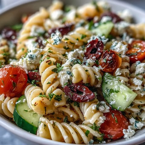 Fresh summer pasta salad Greek style with juicy tomatoes, crisp cucumbers, and creamy feta in every bite.