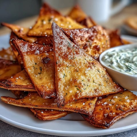 Golden-baked pita chips arranged beside a bowl of creamy tzatziki dip, garnished with fresh dill.