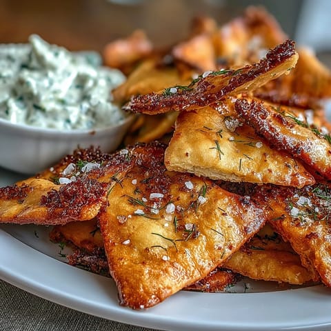Homemade pita chips with tzatziki, golden and crispy, served with a cool cucumber-yogurt dip for dipping.