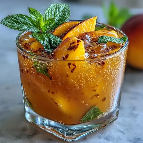 A sparkling glass of mango peach tea with fresh fruit slices and mint leaves, perfect for summer refreshment.
