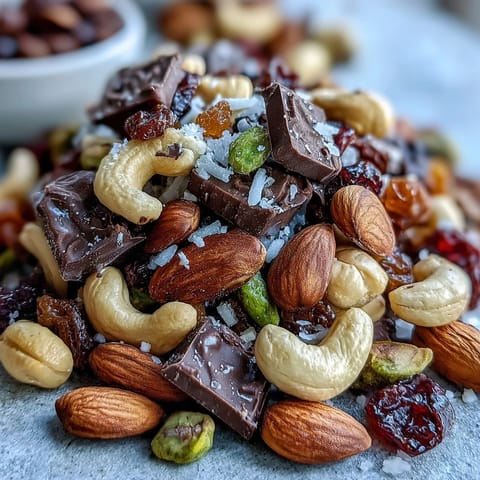 Homemade trail mix with dark chocolate features crunchy almonds, cashews, and sweet dried fruits in a wholesome snack blend.