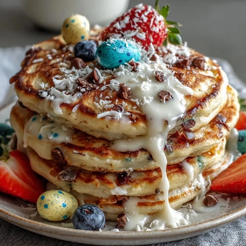 Fluffy pancakes in pastel hues, shaped like Easter eggs and topped with fresh berries and mini marshmallows.  