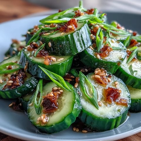 Refreshing smashed cucumber salad tossed in tangy rice vinegar and garnished with sesame seeds.