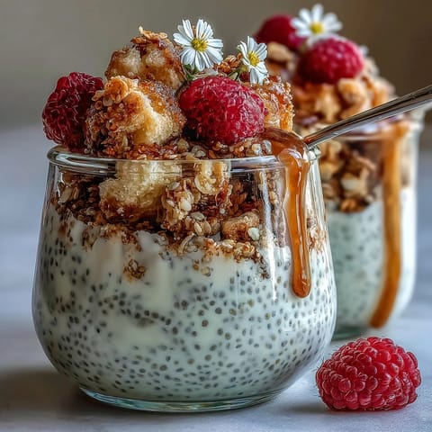 A vibrant breakfast parfait featuring lemon chia pudding, fresh raspberries, and granola for a refreshing start.  