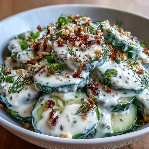 TikTok Cucumber Salad with Everything Bagel Dressing in a white bowl, featuring crisp cucumber slices coated in creamy, tangy dressing and topped with savory everything bagel seasoning.