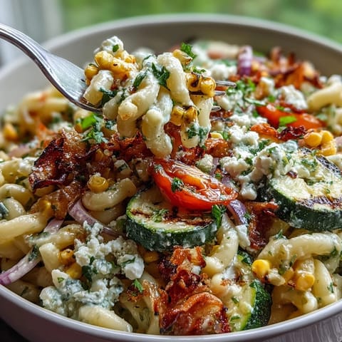 Vibrant pasta salad with grilled zucchini, sweet corn, and crumbled Cotija cheese in a zesty lime dressing.  