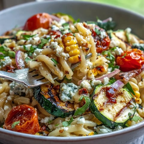 Colorful summer pasta salad featuring smoky grilled zucchini, fresh corn, and tangy Cotija cheese tossed with cherry tomatoes.  