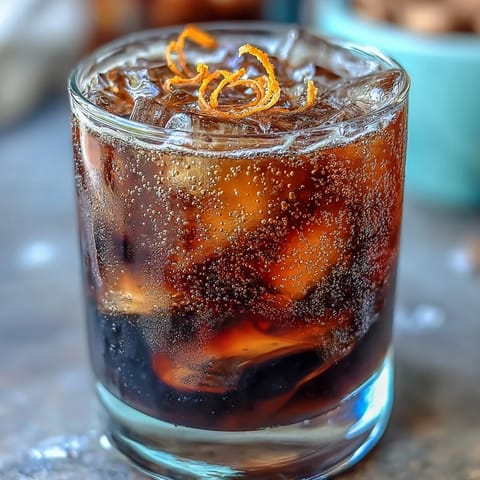 A refreshing cold brew coffee tonic with orange zest, served over ice with sparkling bubbles and vibrant citrus aroma.
