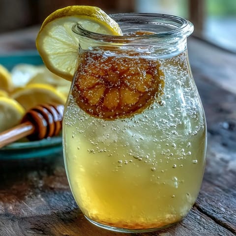 A refreshing glass of sparkling fermented lemonade with a natural fizz and tangy sweetness from fresh lemons and raw honey.