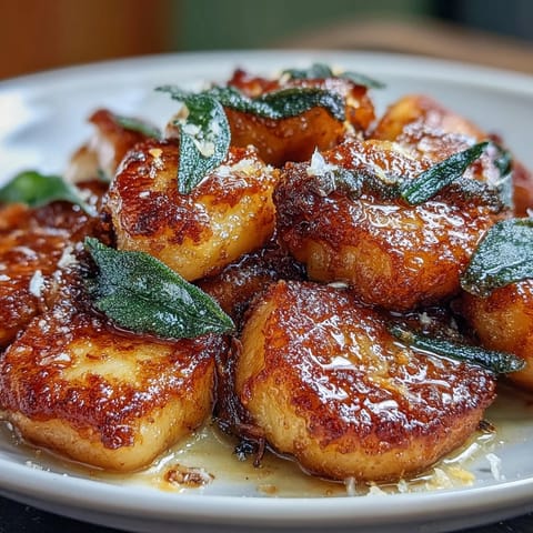 Golden brown butter sage gnocchi with crispy sage leaves and Parmesan cheese, served in a rustic skillet for a comforting vegetarian dinner.  