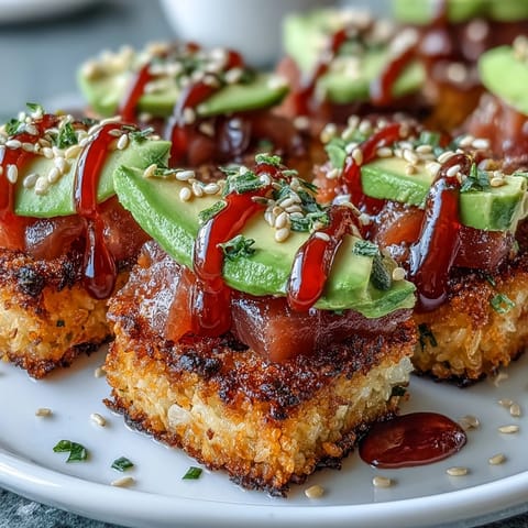 Spicy Tuna Crispy Rice Bites: golden fried rice topped with vibrant spicy tuna.