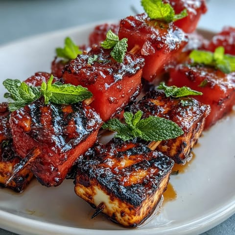 Tangy grilled halloumi watermelon skewers perfect for a summer appetizer bite.