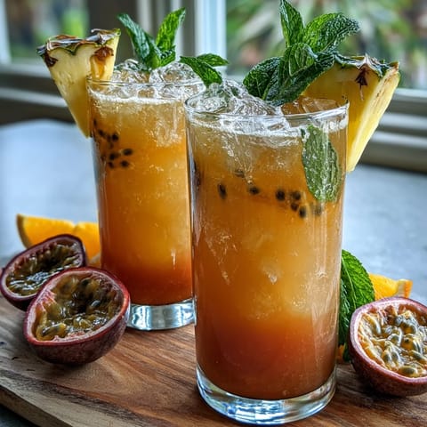 Behold a beautiful Tropical Mocktail, a refreshing orange and passionfruit delight.