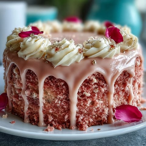 Elegant Rosé Velvet Cake with delicate pink frosting and gold accent.