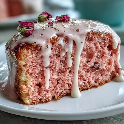 A vibrant Rosé Velvet Cake, perfectly frosted with shimmering gold accents.