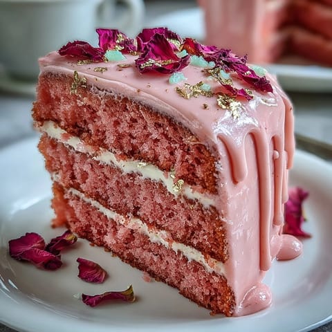 A luscious pink Bridal Shower Rosé Velvet Cake with a shimmering gold drip.