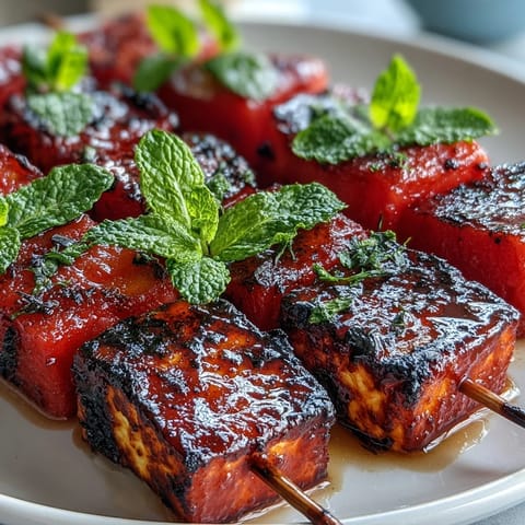 Grilled halloumi watermelon skewers bursting with fresh mint and char marks.