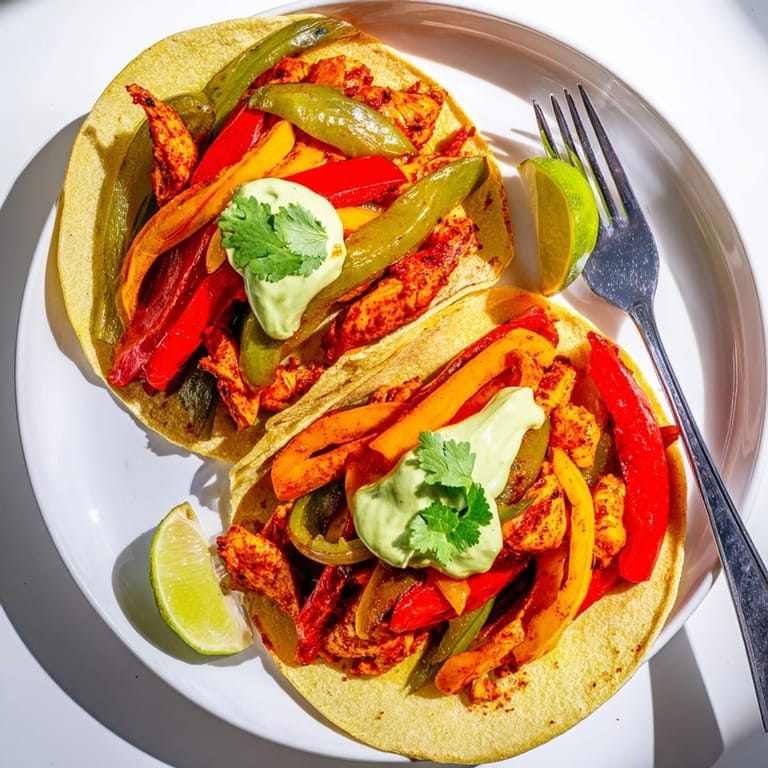 Overhead view of homemade Chicken Fajitas with Lime Crema, piled high and delicious.