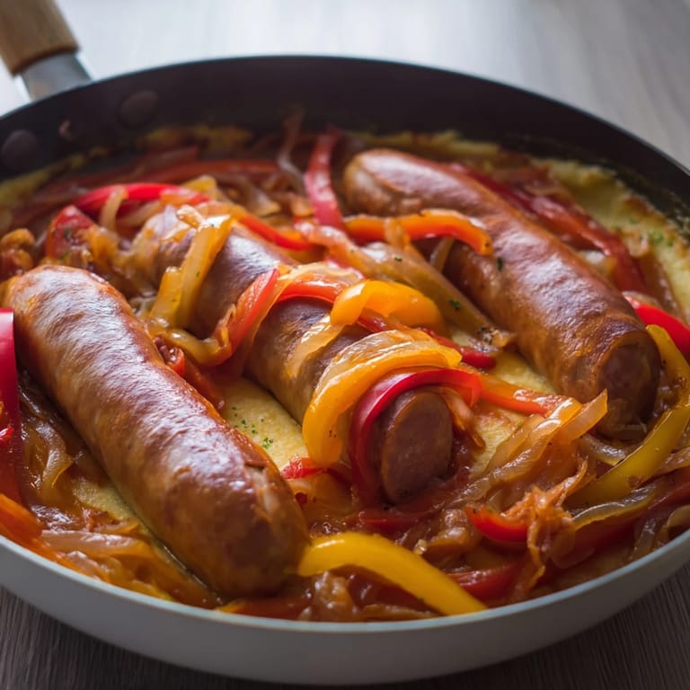 A close-up of the Herb-Cozy Skillet Sausage and Peppers, boasting rich tomato sauce and glistening peppers.