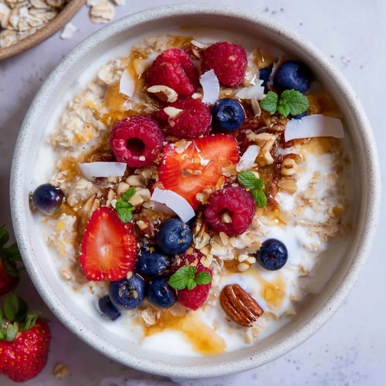 See a close-up of delicious Overnight Oats with Berries and Honey, ready for a perfect breakfast.