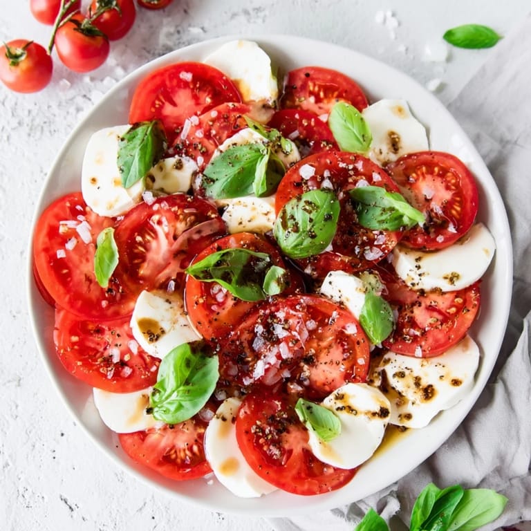 Close-up of a vibrant Caprese salad, highlighting fresh mozzarella and basil vinaigrette's bright flavors.